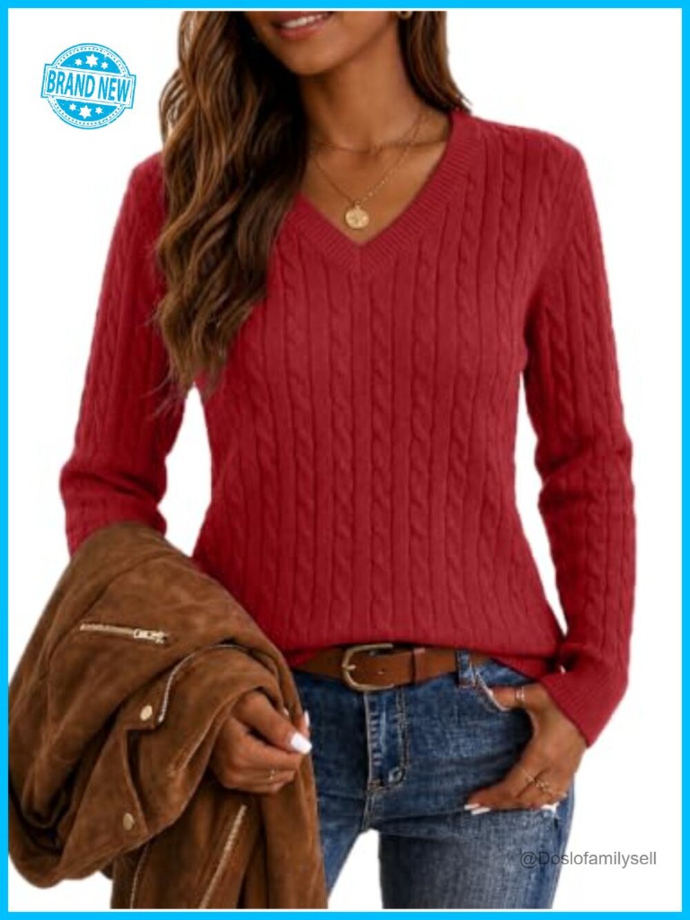 Hilogo 100% Cotton Cable Knit V-Neck Pullover Sweater Fitted Long Sleeve